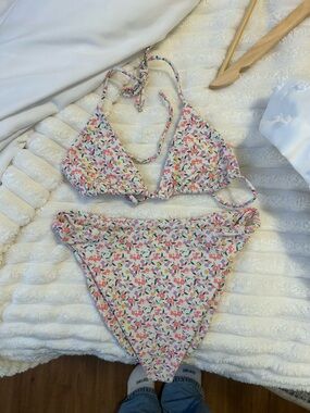 Skatie White Floral Triangle Bikini with Pink, Green & Yellow Accents